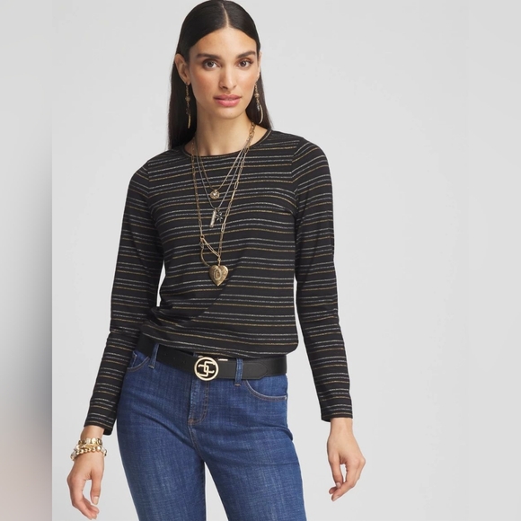 CHICO'S | Touch of Cool™ Shine Stripes Layering Tee - Picture 1 of 15